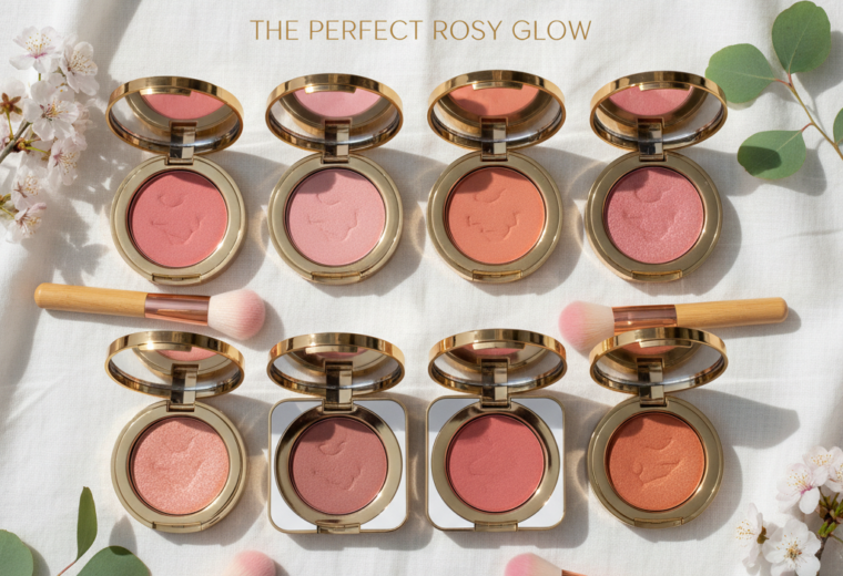 alt_text: A chic flat lay of ten blushes for fair skin, with brushes and flowers, in soft natural light.