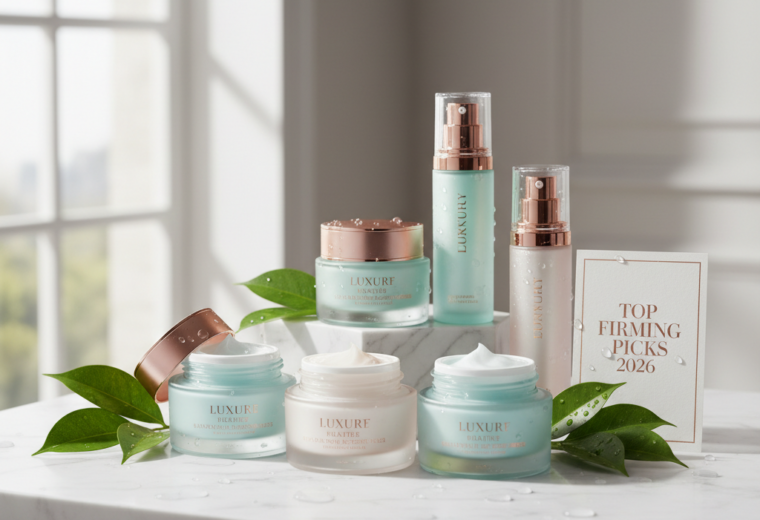 alt_text Luxurious face moisturizers elegantly displayed on marble with fresh leaves and soft natural light.