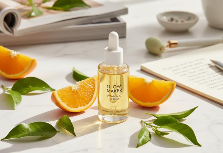 alt_text: Premium Glow Maker Vitamin C Serum with oranges and leaves on a modern bathroom counter, sunlit.