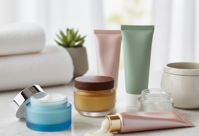 alt_text: Luxe skincare creams and moisturizers on a chic bathroom counter, glowing with hydration and comfort.