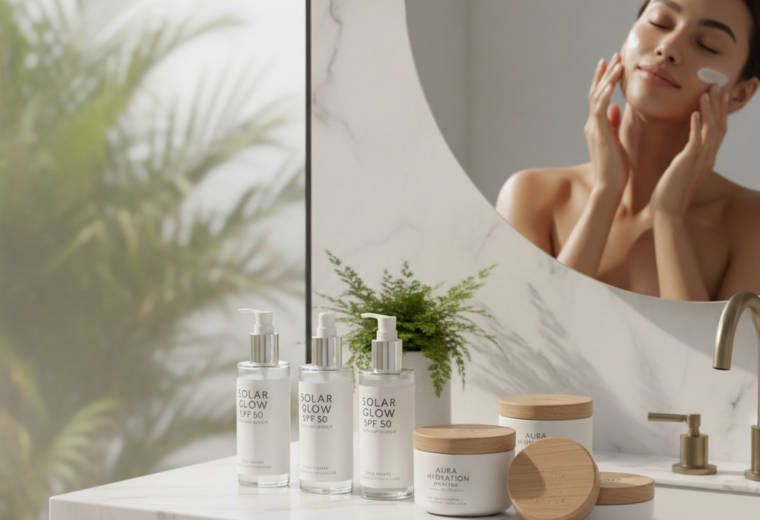 alt_text: Modern bathroom with SPF moisturizers, natural light, and glowing skin evoke fresh self-care.
