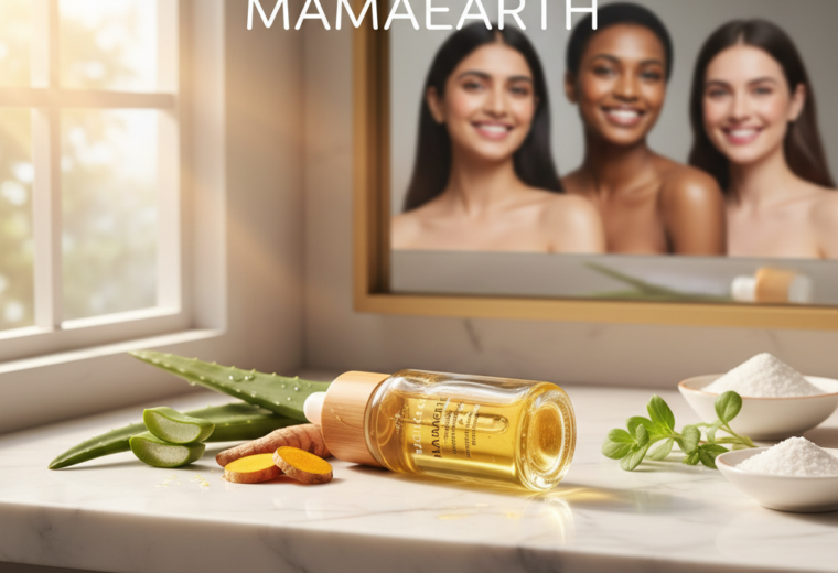 alt_text: Mamaearth Daily Glow Face Serum with fresh botanicals, glowing models, and a clean, modern vibe.