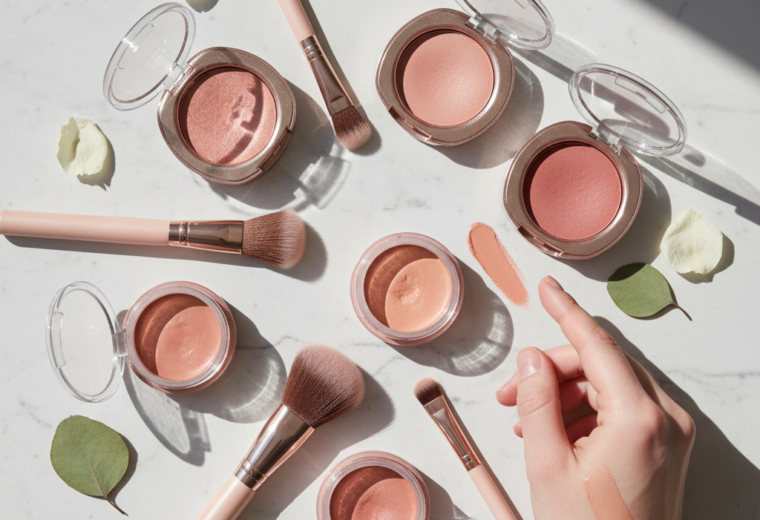 alt_text: Flat lay of blush compacts, brushes, and a hand swatching peach and pink hues on marble background.