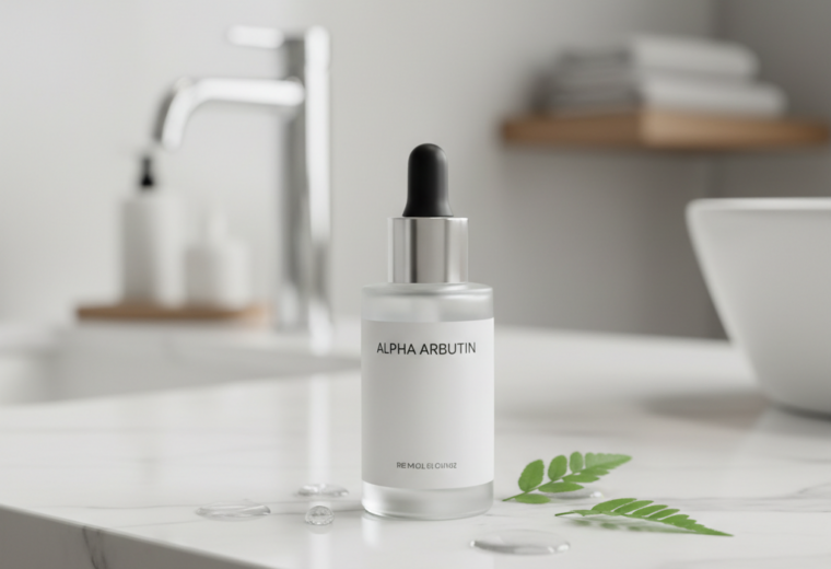 alt_text: Minimalist Alpha Arbutin serum bottle on marble, with fresh leaves and a luxurious, clean vibe.