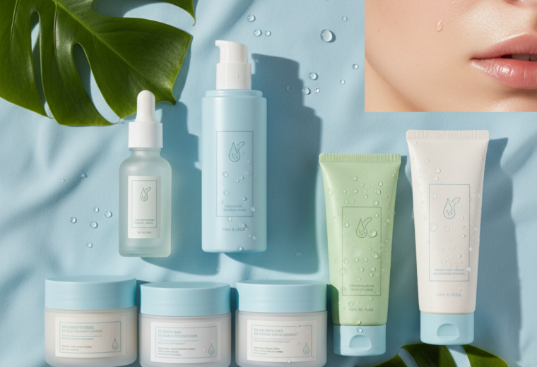 alt_text: Seven affordable face moisturizers on a soft background with leaves, water droplets, and fresh light.