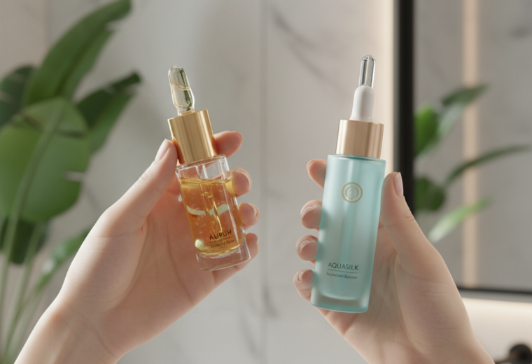 alt_text: Two elegant hands hold premium skincare products in a chic, minimalist bathroom with marble accents.