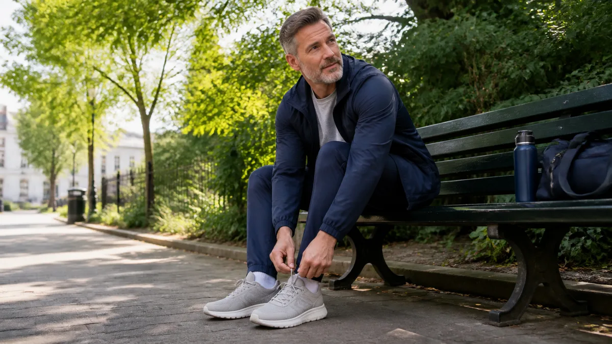 Walker lacing roomy trainers on a leafy park path