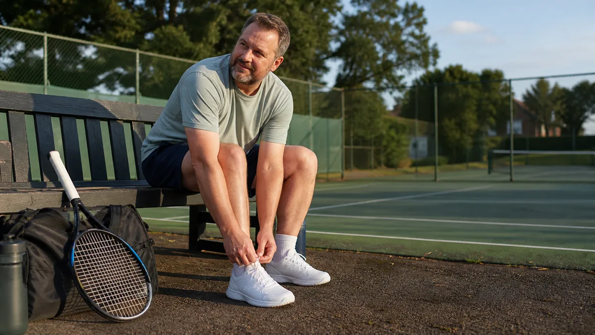 Tennis player lacing wide-toe trainers beside a court