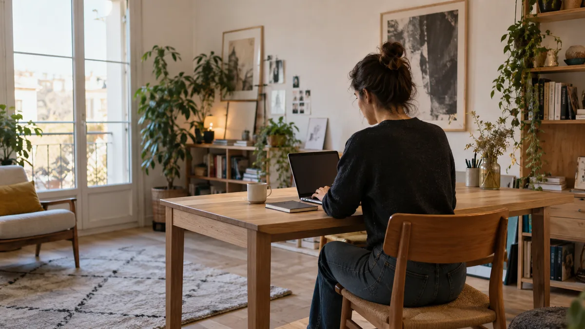 Professionnelle travaillant sur un ordinateur dans un atelier lumineux