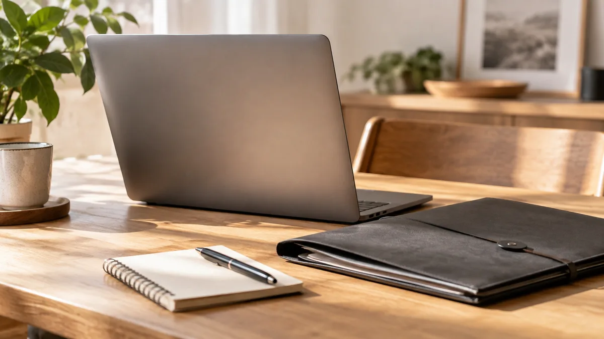 Ordinateur et dossier sur un bureau organisé