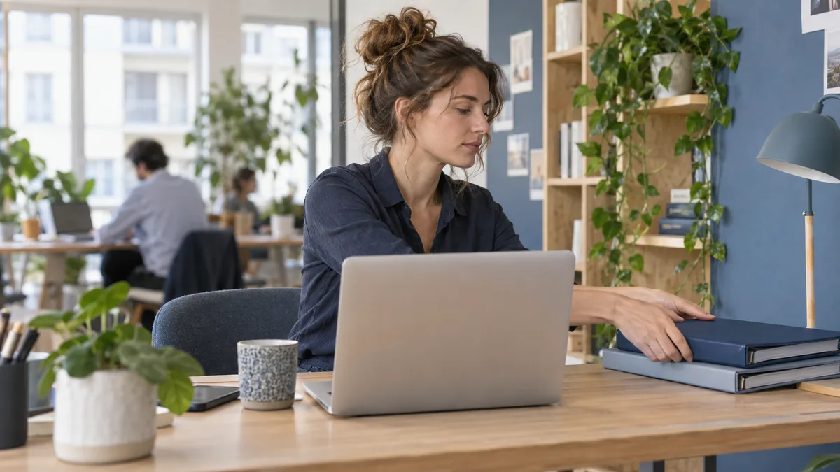 Entrepreneuse organisant ses dossiers dans un espace de travail