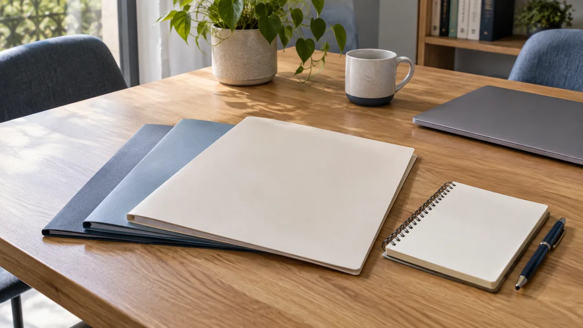 Dossiers et carnet disposés sur une table en bois