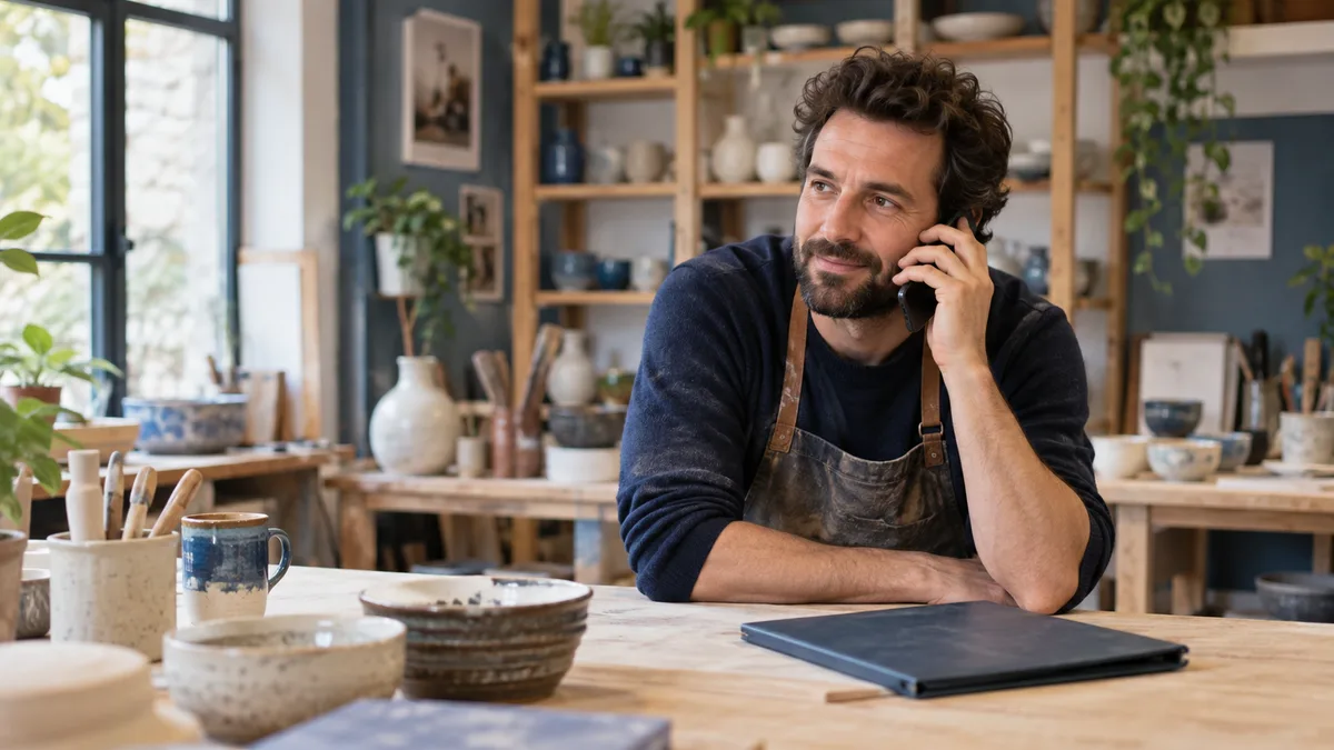 Artisan au téléphone dans son atelier de céramique