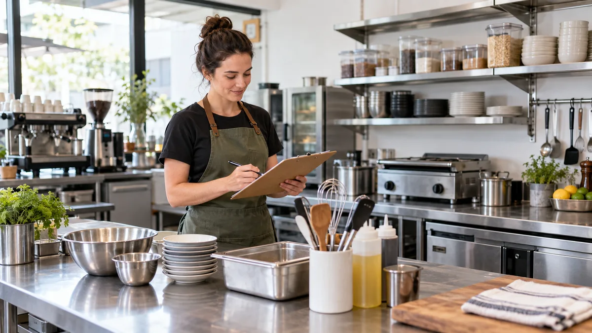 Cafe owner planning a commercial kitchen equipment list