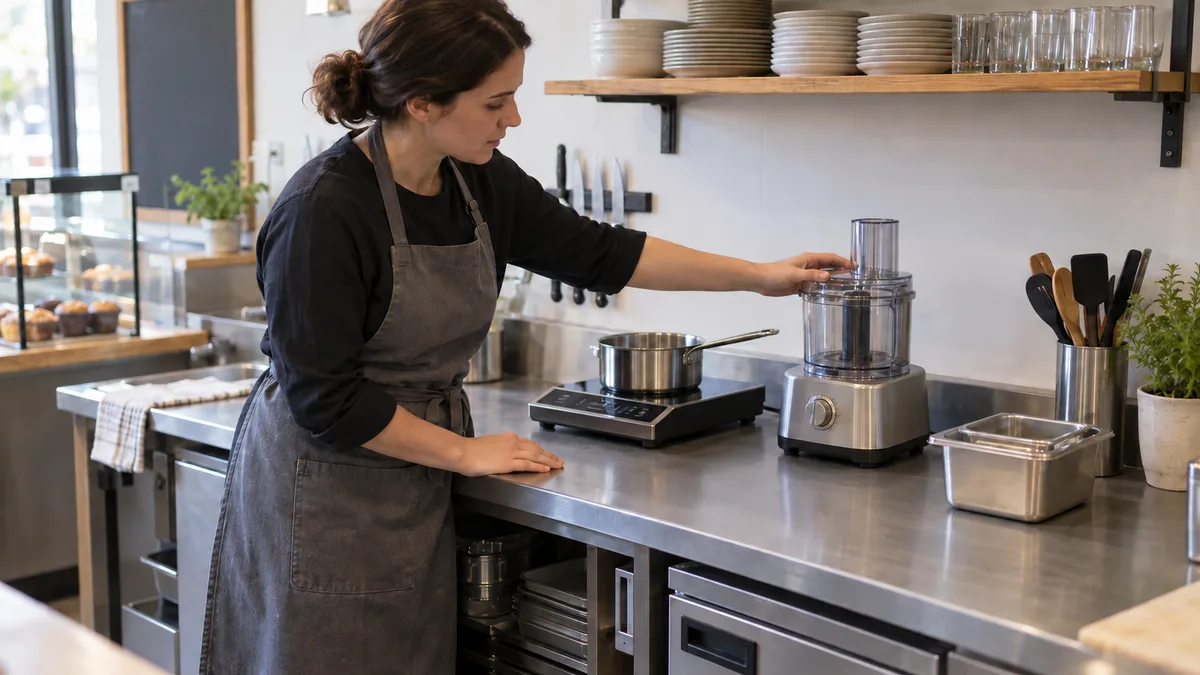 Kitchen worker arranging compact unbranded catering equipment