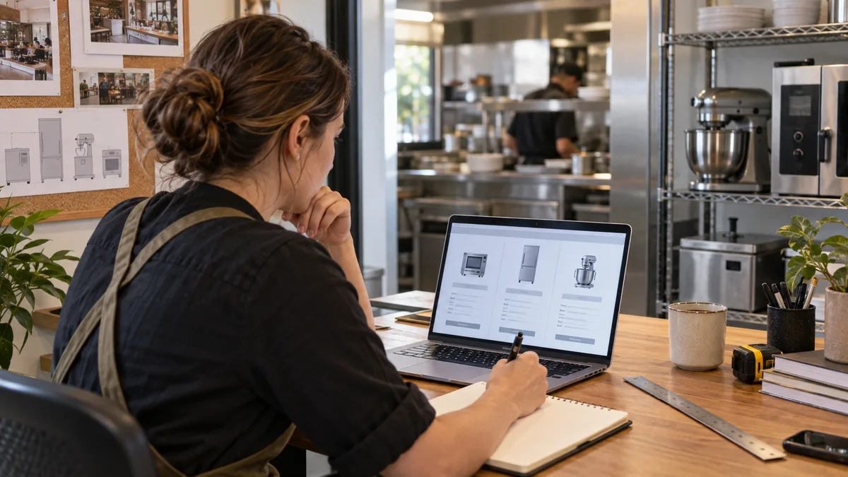 Cafe manager comparing equipment specifications before purchase