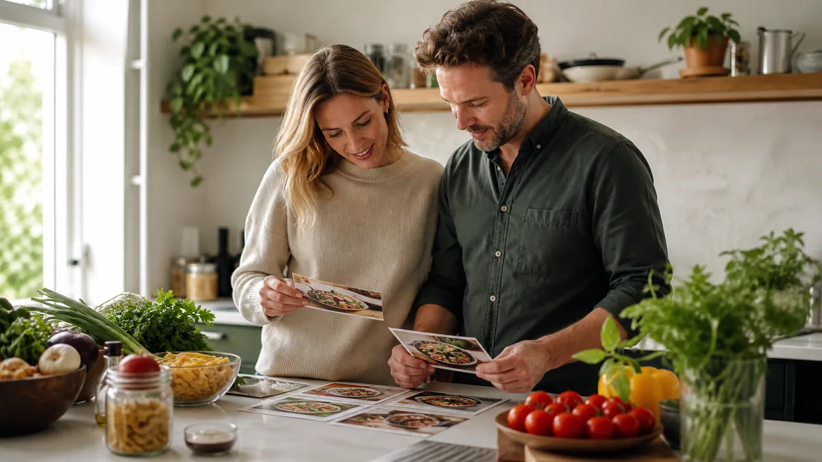 Adults comparing recipe cards beside fresh ingredients in a bright home kitchen