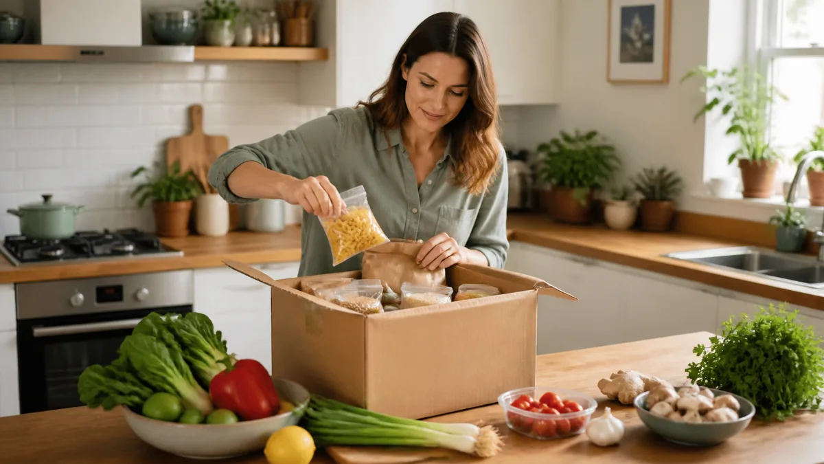 Adult unpacking fresh ingredients from a plain cook-at-home recipe box
