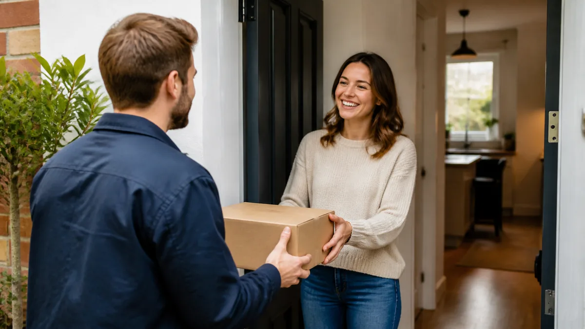 Adult receiving a plain recipe box at a home doorway